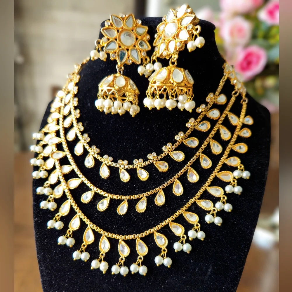 3 tier Kundan necklace Mala with jhumka set/ Indian jewellery/ pakistani jewelry - Picture 1 of 7